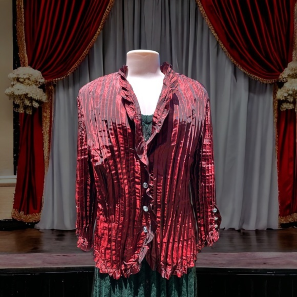 MSK Burgundy Accordion Pleated Crystal Button Ruffle Blouse Plus 1X